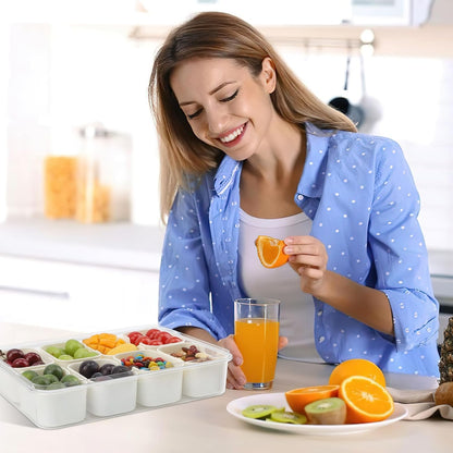 Divided Serving Tray with Lid and Handle, Portable Snackle Box with 8 Compartments & 8 Fruit Forks & 2 Spoons, Charcuterie Container for Party, Entertaining, Picnic, 1 Pack