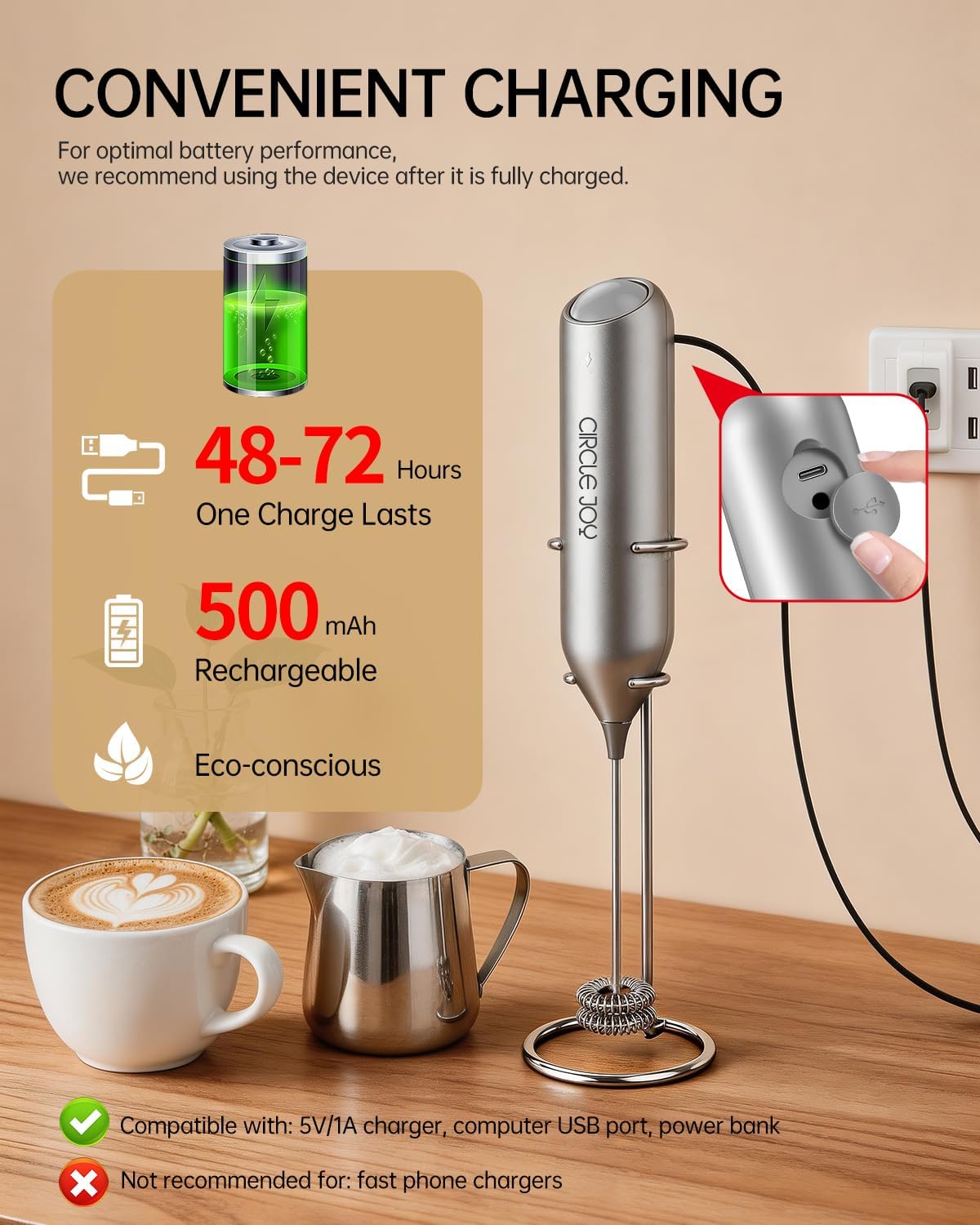 CIRCLE JOY Rechargeable Milk Frother Handheld with Stand, Dual Spring Whisk Head Electric Coffee Frother Foam Maker, Portable Drink Mixer for Cappuccino, Latte, Matcha, Black