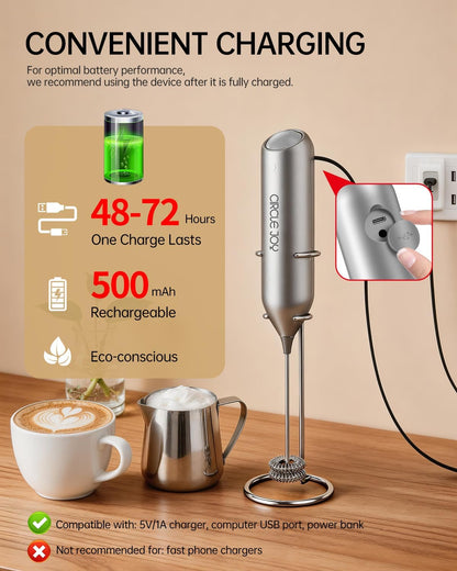 CIRCLE JOY Rechargeable Milk Frother Handheld with Stand, Dual Spring Whisk Head Electric Coffee Frother Foam Maker, Portable Drink Mixer for Cappuccino, Latte, Matcha, Black