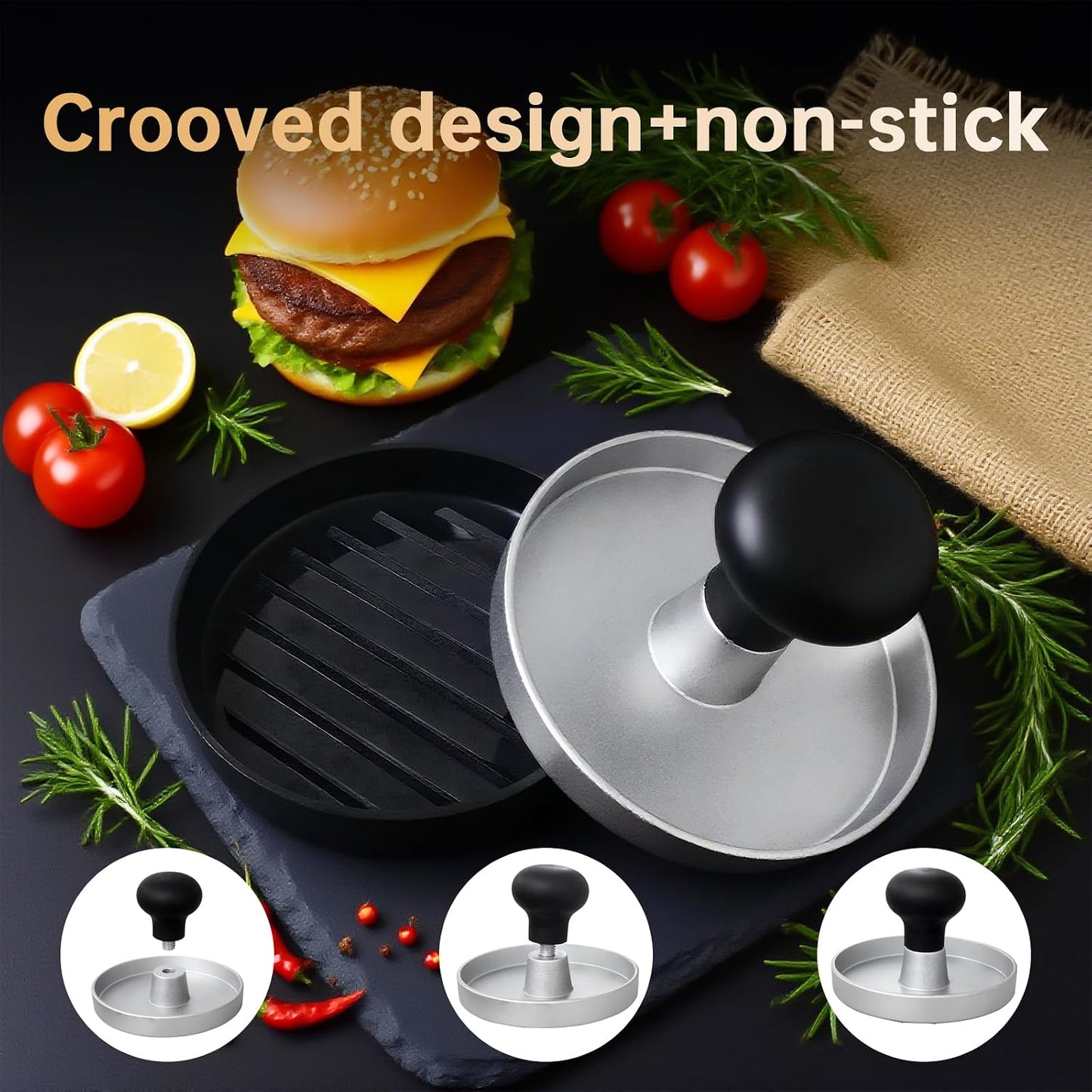 Burger Press Patty Maker Stainless Steel Hamburger Patty Press Mold Wood Handle Non-Stick with 100 Patty Papers,BBQs, and Cooking – Perfect for Flattening Patties and Searing Juicy Burgers