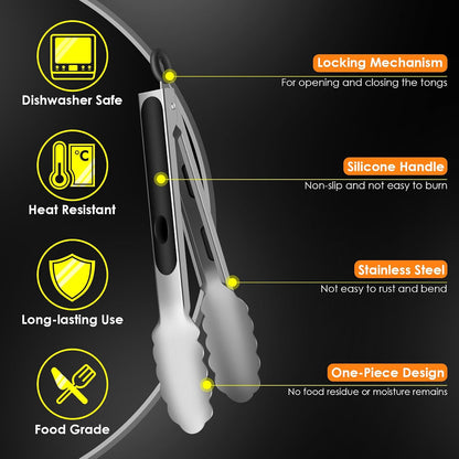 Stainless Steel Tongs for Cooking, Heat Resistant 600 Degrees Metal Kitchen Tongs with Silicone Grip, Locking Tongs for BBQ, Grilling, Serving, Salad, Dishwasher, Set of 2(9" and 12")