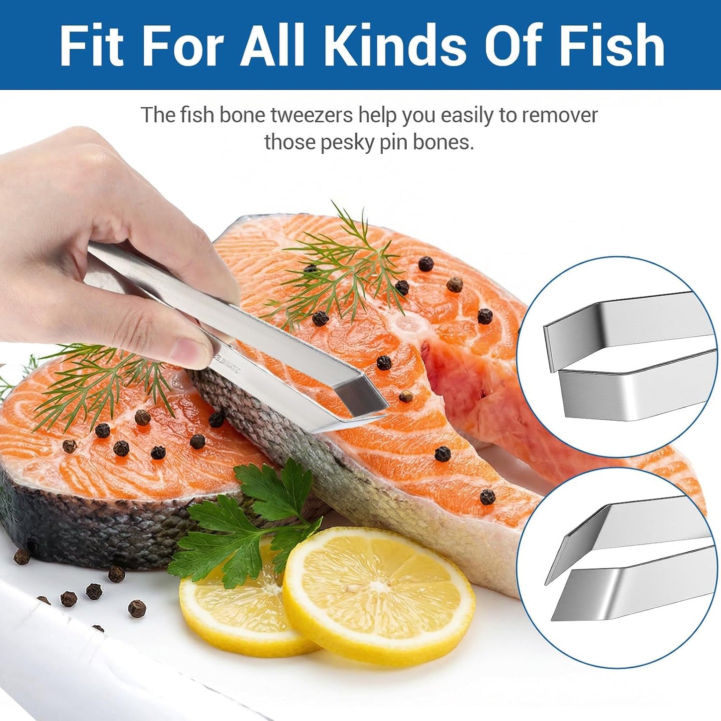 Ymapinc Fish Bone Tweezers Set, 4 Pieces Stainless Steel Food Cooking Tweezers to Remove Bones and Scales, Kitchen Tongs with Ergonomic Handles (Silver)