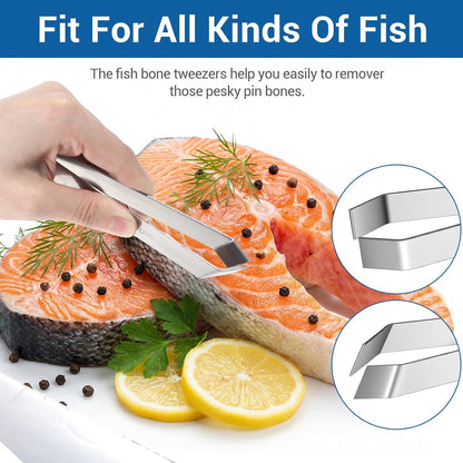Ymapinc Fish Bone Tweezers Set, 4 Pieces Stainless Steel Food Cooking Tweezers to Remove Bones and Scales, Kitchen Tongs with Ergonomic Handles (Silver)