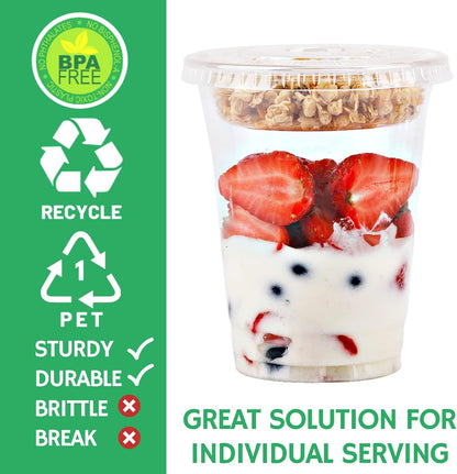 Aatriet Clear Plastic Parfait Cups with Insert &Lids No Hole - Yogurt Fruit Parfait Cups for Kids, for Dips and Veggies, Take Away Breakfast and Snacks. No Leaking (12oz. flat, 50sets)