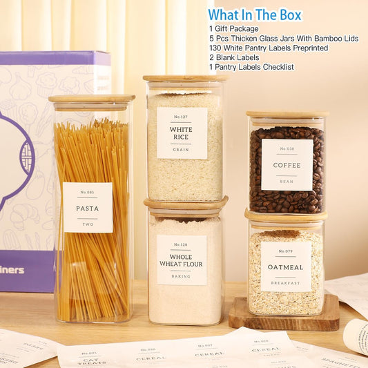 2 Pack large Square Glass Flour and Sugar Containers with 132 Kitchen Pantry Labels - 149 floz & 71 floz - Glass Jars with Airtight Bamboo Lid - Glass Rice Canisters for Coffee, Pasta, Cookie, Cereal