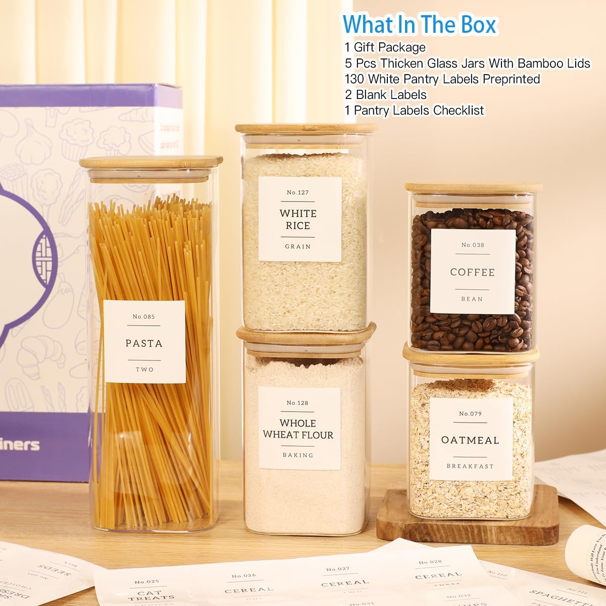 2 Pack large Square Glass Flour and Sugar Containers with 132 Kitchen Pantry Labels - 149 floz & 71 floz - Glass Jars with Airtight Bamboo Lid - Glass Rice Canisters for Coffee, Pasta, Cookie, Cereal