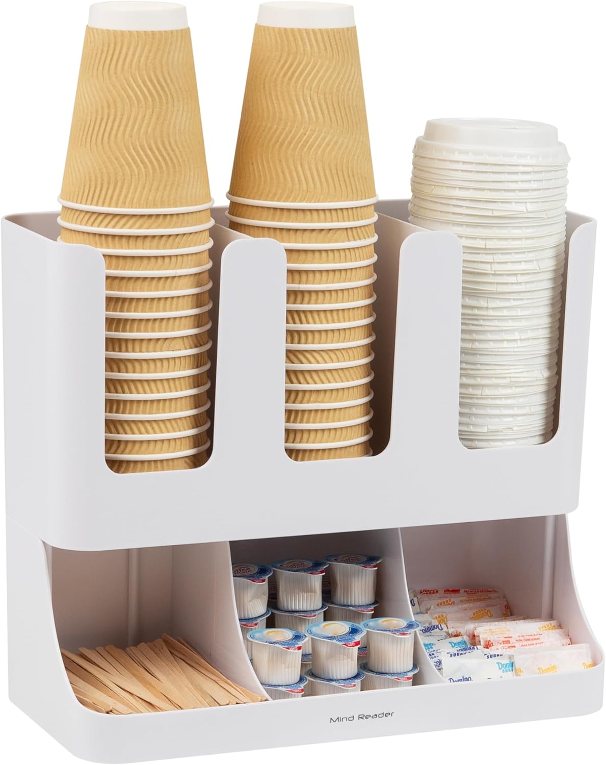 Mind Reader Cup and Condiment Station, 13 Inch Countertop Coffee Bar Organizer with 6 Compartments, Storage Caddy for Cups, Lids and Packets, Plastic, Black