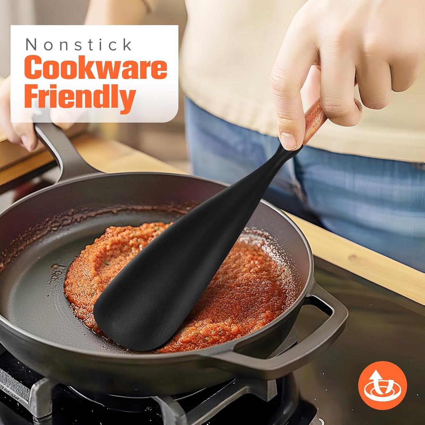 Silicone Cooking Utensils Set of 7 Pack, Wood Handle Heat-Resistant Kitchen Utensils, Non-Stick Cookware Safe - Include Spatula, Spoon, Ladle, Bowl Scraper, Basting Brush for Cooking, Baking, BBQ