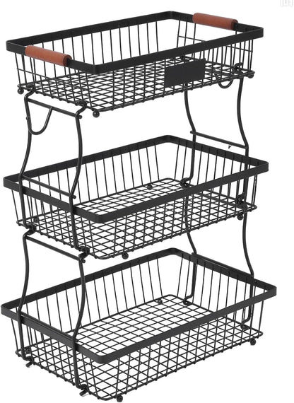 2-Tier Stackable Wire Basket with 2 Banana Hooks, Pantry Organizer for Kitchen Countertops, Cabinets & Under-Sink Spaces; Ideal for Storing Snacks, Fruits, Veggies, Onions, Potatoes, & More,Black