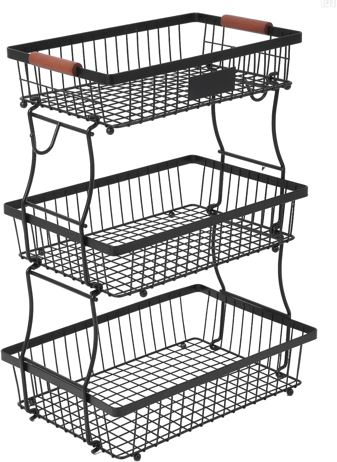 2-Tier Stackable Wire Basket with 2 Banana Hooks, Pantry Organizer for Kitchen Countertops, Cabinets & Under-Sink Spaces; Ideal for Storing Snacks, Fruits, Veggies, Onions, Potatoes, & More,Black