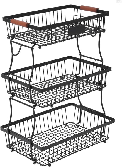 2-Tier Stackable Wire Basket with 2 Banana Hooks, Pantry Organizer for Kitchen Countertops, Cabinets & Under-Sink Spaces; Ideal for Storing Snacks, Fruits, Veggies, Onions, Potatoes, & More,Black