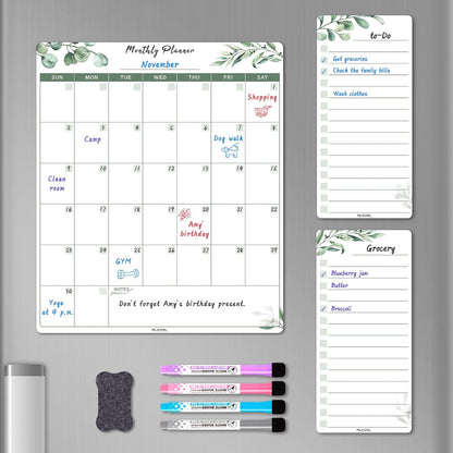 ALEZEL Dry Erase Calendar for Refrigerator, Greenery Magnetic Fridge Calendar Whiteboard - Set of Vertical Monthly Dry Erase Calendar for Fridge & 2 List Board, 4 Markers + Eraser
