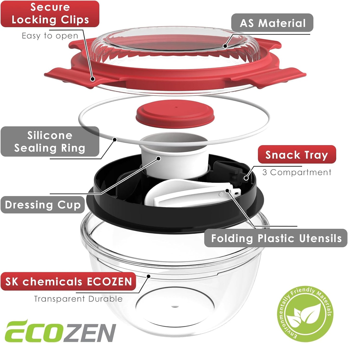 WHALEHOUSE Clear Eco-friendly SK chemicals ECOZEN Salad Container, 33OZ Portable Plastic Salad Bowls with Lid & Snack Tray, Leak-Proof Dressing Container, Reusable Fork, Lunch Box for Meal Prep (Pink)