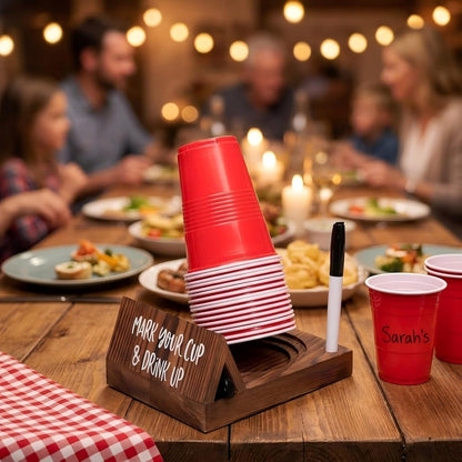 Wooden Brown Party Cup Holder with Marker Slot | Mark Your Cup and Drink Up Cup Holder |Hosting Party Essentials |Disposable Mug Dispenser for Birthday, BBQ, Holiday Events,Housewarming Gift (Brown)