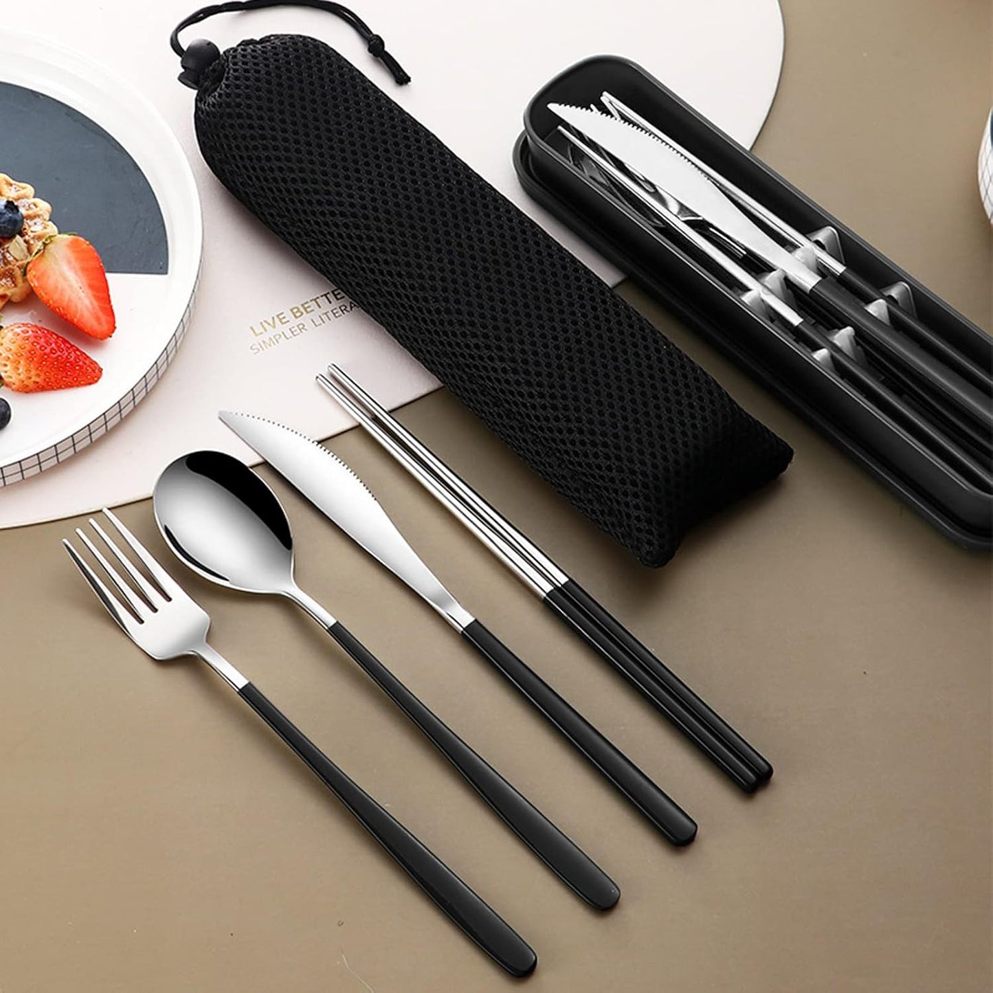 VANRA 4-Piece Portable Travel Utensils Set with Case 18/8 Stainless Steel Flatware Set Reusable Cutlery Set with Fork Spoon Knife Chopstick for Lunch Travel Camping School Work Picnic (Pink)