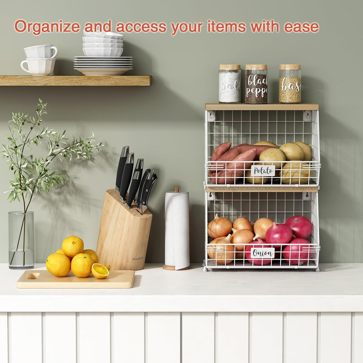 Goozii Hanging Wall Fruit Basket for Kitchen Counter 2 Pack, Stackable Wire Baskets for Organizing with Wood Lid, Potato and Onion Storage Bin with Banana Hook for Vegetable Produce, Black + Rustic