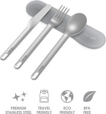 Bentgo Stainless Travel Utensil Set - Reusable 3-Piece Silverware Set with Carrying Case, High-Grade Premium Steel, BPA-Free Case, Eco-Friendly - Ideal for Travel, Camping, and Office Use (Gray)
