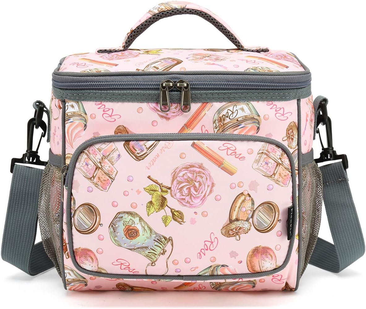 FlowFly Insulated Reusable Lunch Bag Adult Large Lunch Box for Women and Men with Adjustable Shoulder Strap,Front Zipper Pocket and Dual Large Mesh Side Pockets,Cherry - Colors B