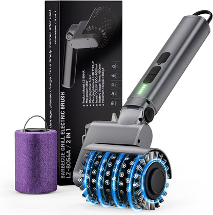 Electric Grill Brush, Cordless Rechargeable Electric Grill Cleaner with 2 Heads, 3 Speeds, Angle Adjustable, 150-Min Runtime BBQ Brush for Outdoor Barbecue Grates