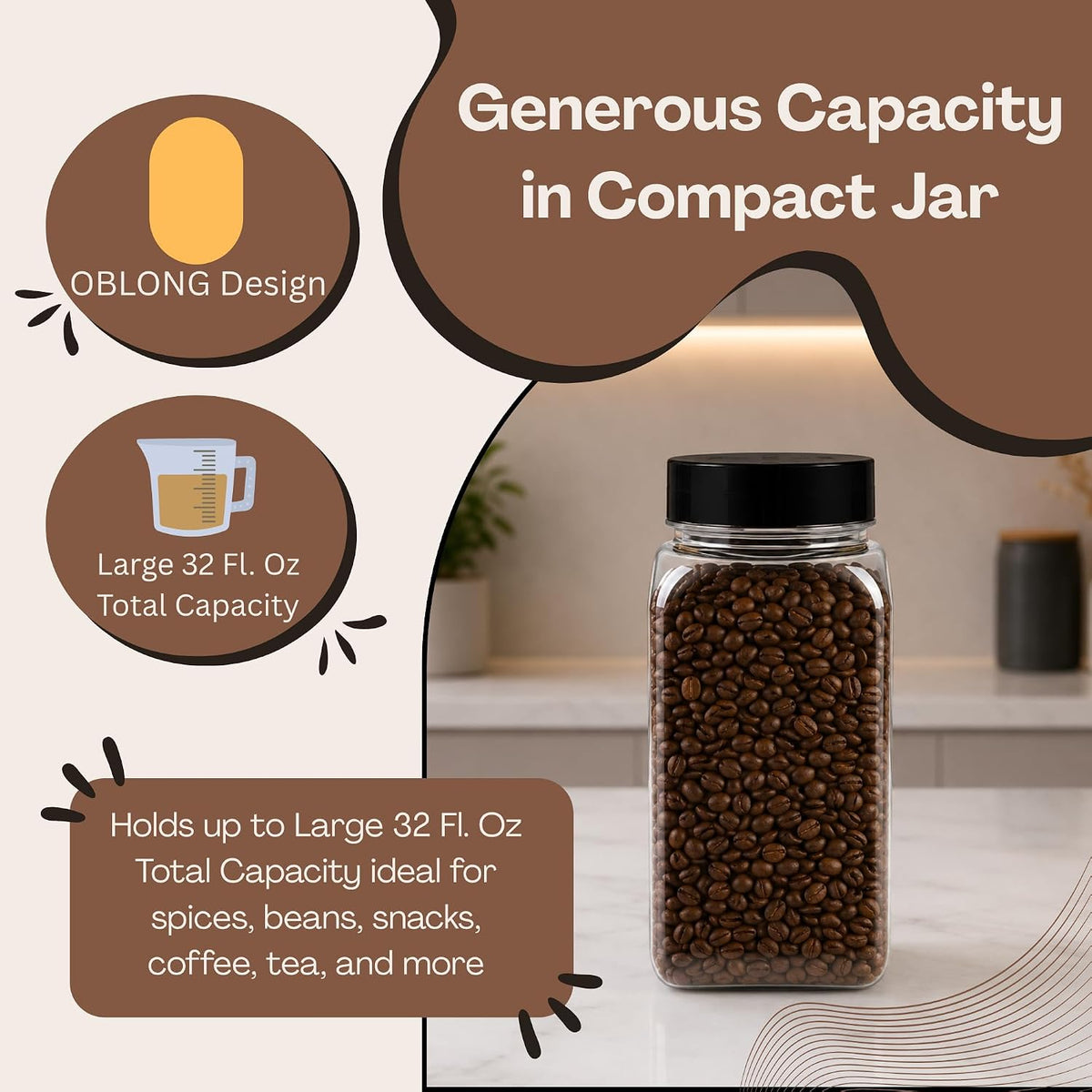 Pride Of India 32 Fl Oz Clear Spice Jar with Dual Opening Lid | Food Grade PET Plastic Oblong Jar | Reusable Organizer for Spices, Herbs, Coffee, Nuts, Snacks & Pet Treats | | 3-4 Cup Capacity