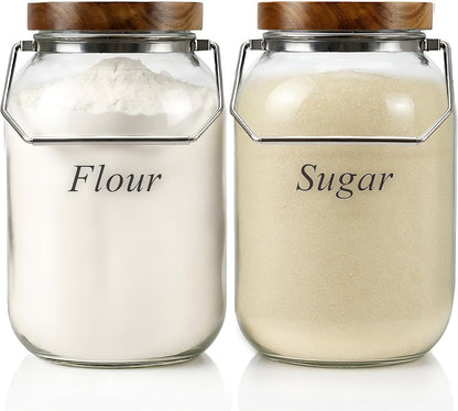 2 Pack Glass Flour Sugar Storage Containers with Handle, 1 Gallon Glass Jars with Airtight Lid, Wide Mouth Large Mason Jars 128oz for Rice, Pasta, Oats, Coffee Storage