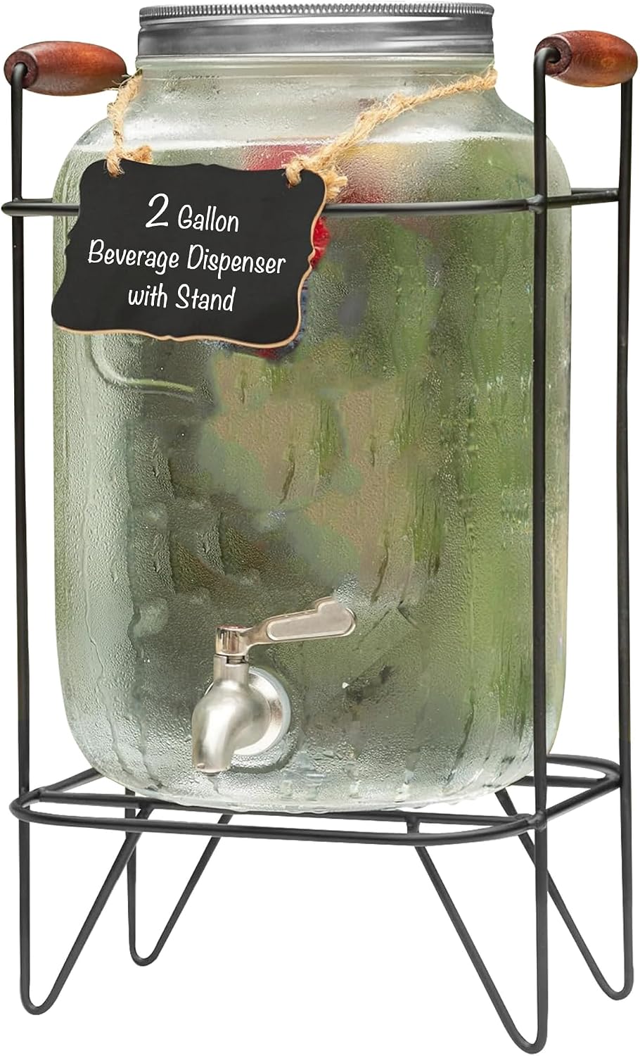 Ilyapa 2 Gallon Glass Beverage Dispenser, Metal Base, Stainless Steel Spigot & Hanging Chalkboard - for Lemonade, Tea, Cold Water & More