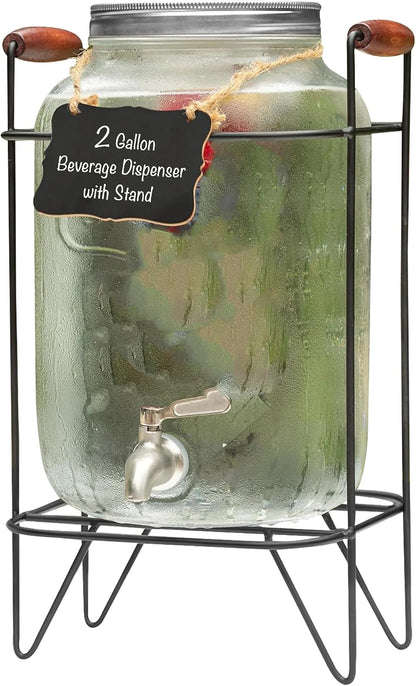 Ilyapa 2 Gallon Glass Beverage Dispenser, Metal Base, Stainless Steel Spigot & Hanging Chalkboard - for Lemonade, Tea, Cold Water & More