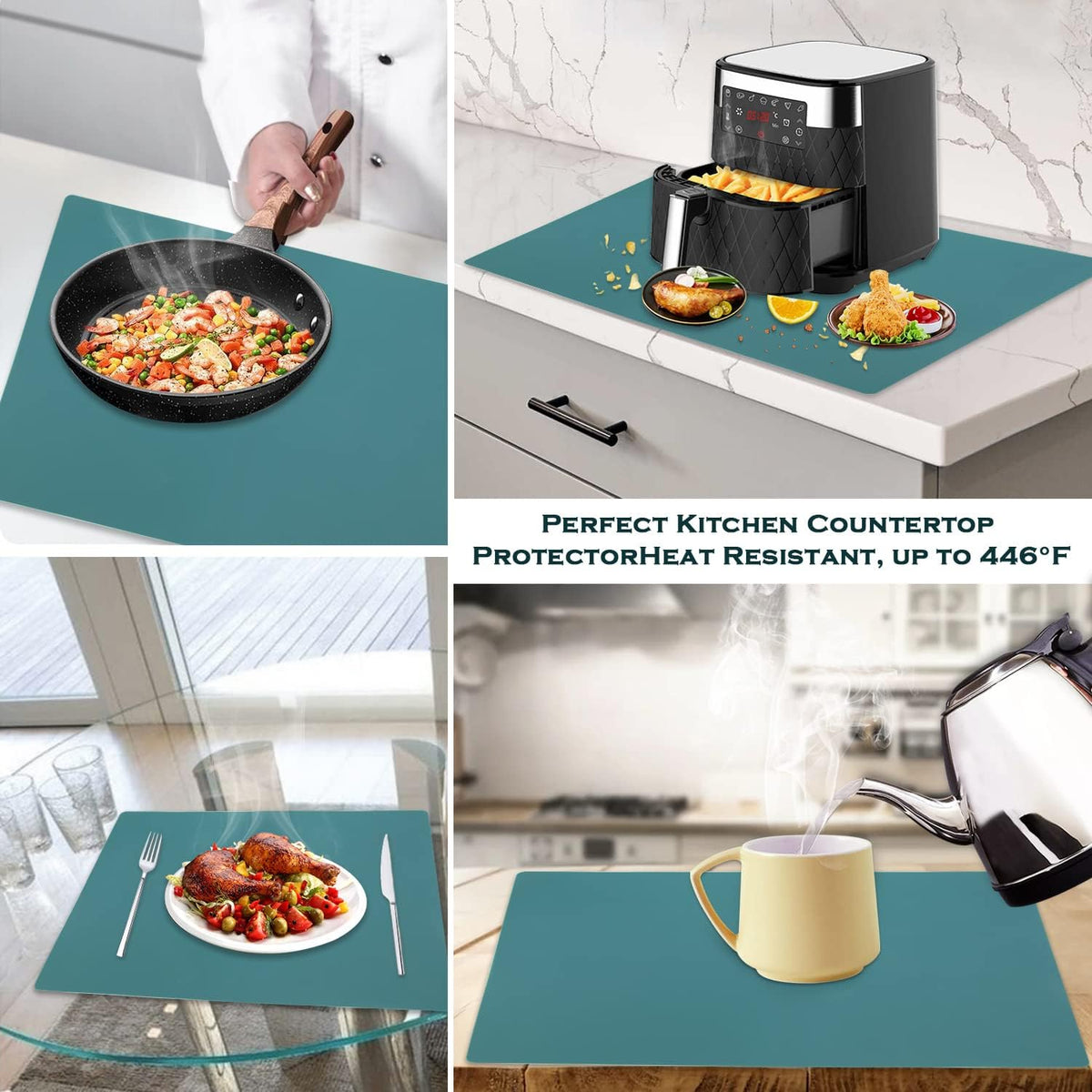 Extra Large Dark Green Countertop Mat - Silicone Table Kitchen Desk Mat - Non-Slip & Heat Resistant - Dinner Placemat Pastry Dough Rolling Mat - Colors A