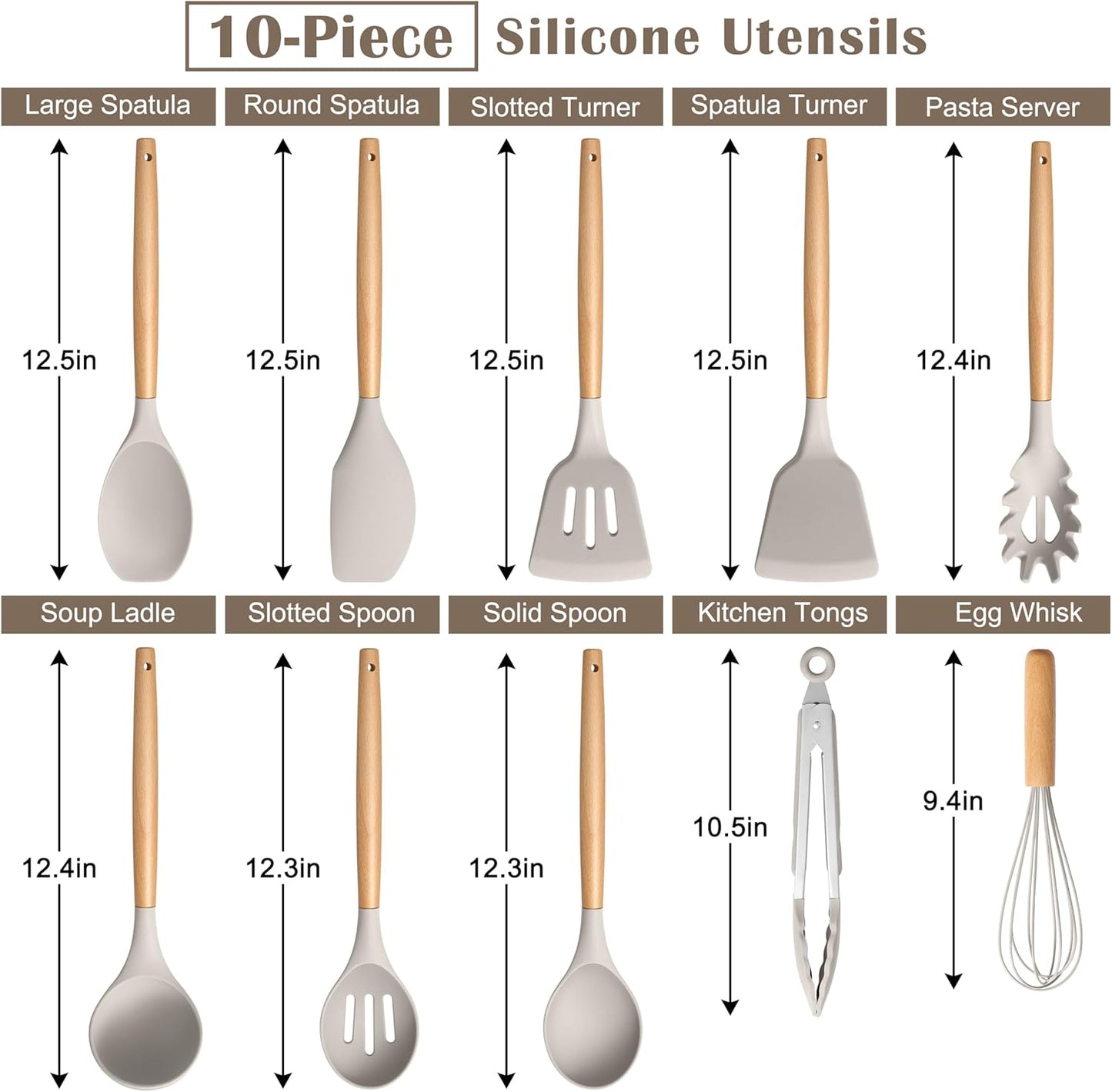 E-far Silicone Cooking Utensils Set, 5-Piece Kitchen Utensils Set with Wooden Handle for Cooking, Silicone Kitchen Nonstick Tools Spatula Turner Slotted Spoons, Nontoxic & Heat Resistant-Khaki