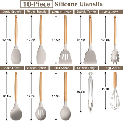 E-far Silicone Cooking Utensils Set, 5-Piece Kitchen Utensils Set with Wooden Handle for Cooking, Silicone Kitchen Nonstick Tools Spatula Turner Slotted Spoons, Nontoxic & Heat Resistant-Khaki