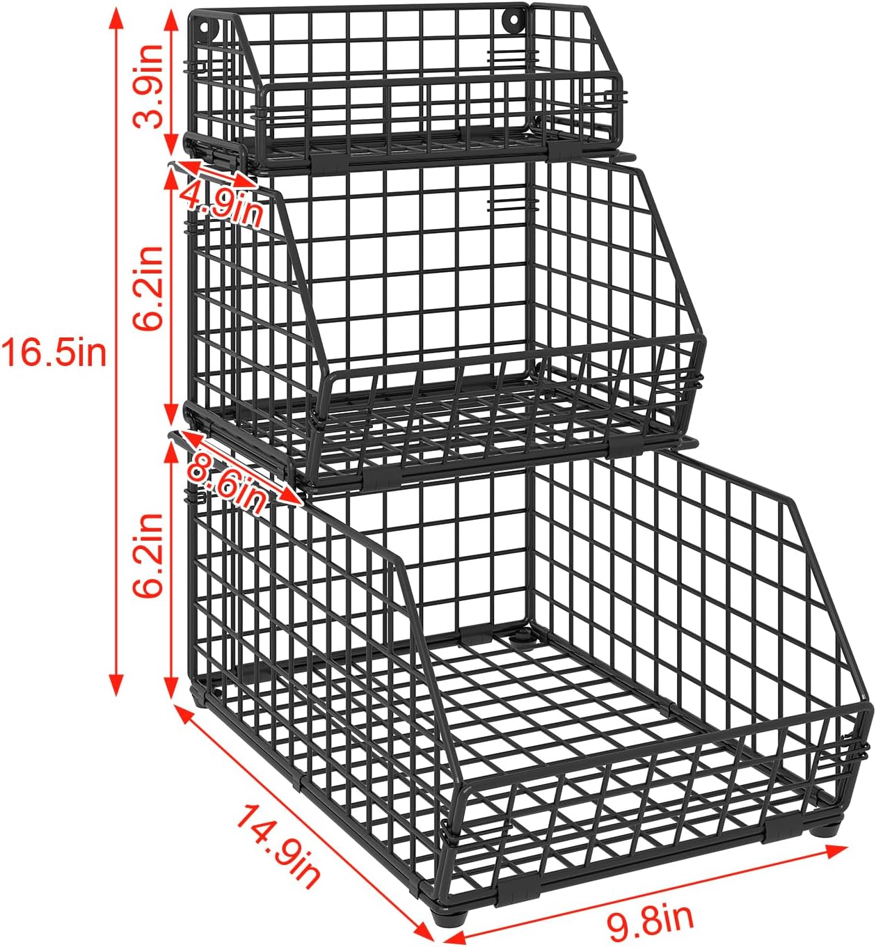 3-Tier Fruit Basket for Kitchen Counter, Stackable Wire Baskets Wall, Potato and Onion Storage Bins, Pantry Organizers, Pantry Storge and Storage for Potato, Onion, Produce, Fruit, Vegetable, Snack