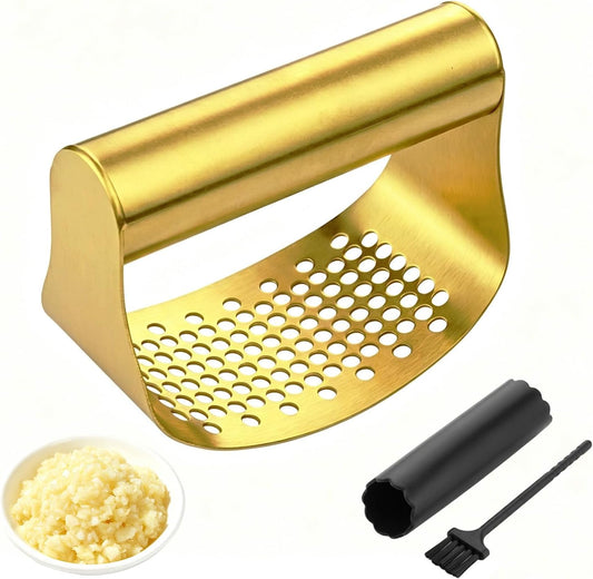 Smilecat Gold Stainless Steel Garlic Press Rocker Set with Garlic Peeler & Cleaning Brush, for Easy Peeling and Crushing of Garlic,Time Saving,Durable Kitchen Gadget,Garlic Mincer,Dishwasher Safe