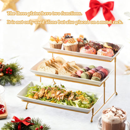 LYEOBOH 3 Tier Serving Bowls Set Tiered Serving Stand, Porcelain Oval Bowls with Collapsible Metal Stand for Entertaining, Party, Dessert Display, Candy, Chip and Dip (Gold)-45oz / 17.5oz / 7oz