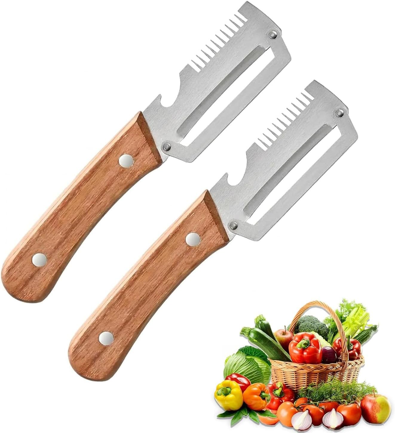 3 in 1 Multi Functional Vegetable Peeler,Stainless Steel Kitchen Tool with Wooden Handle, Fruit Peeler, Julienne Slicer & Bottle Opener for Potato, Apple, Carrot (2)