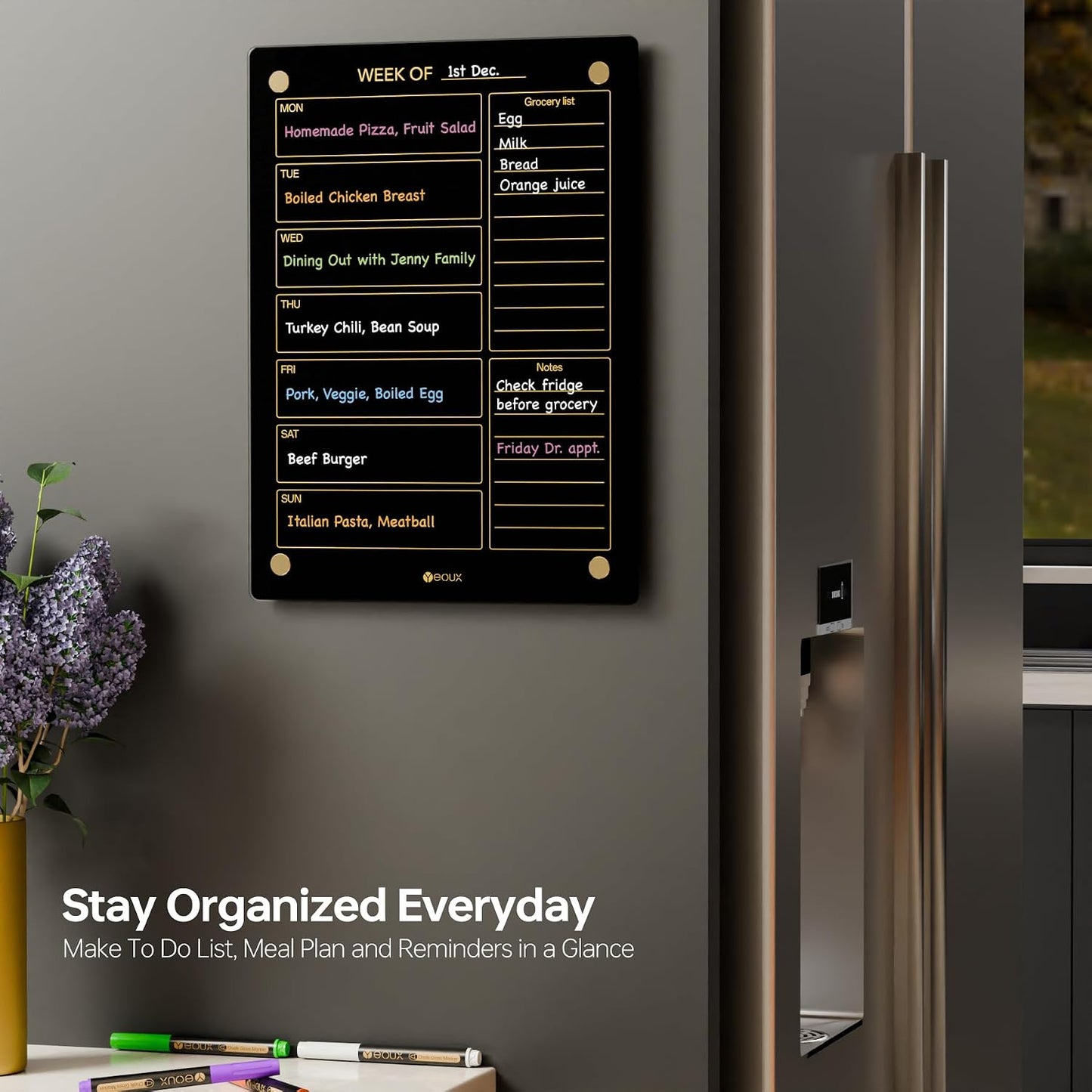 Clear Glass Weekly Dry Erase Calendar & Menu Non-Magnetic Whiteboard for Wall, Meal Plan & Grocery List White Board for Kitchen, 15x11, 7 Days Home Planner, 4 Wet Erase Markers Included, Yeoux