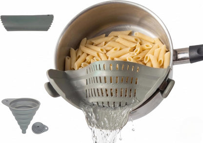 Clip On Strainer Silicone for Pots and Pans, Universal Fit Pasta Strainer and Pot Colander, Space Saving Food Drainer with Collapsible Funnel and Garlic Peeler, 3 Pcs Set, Gray