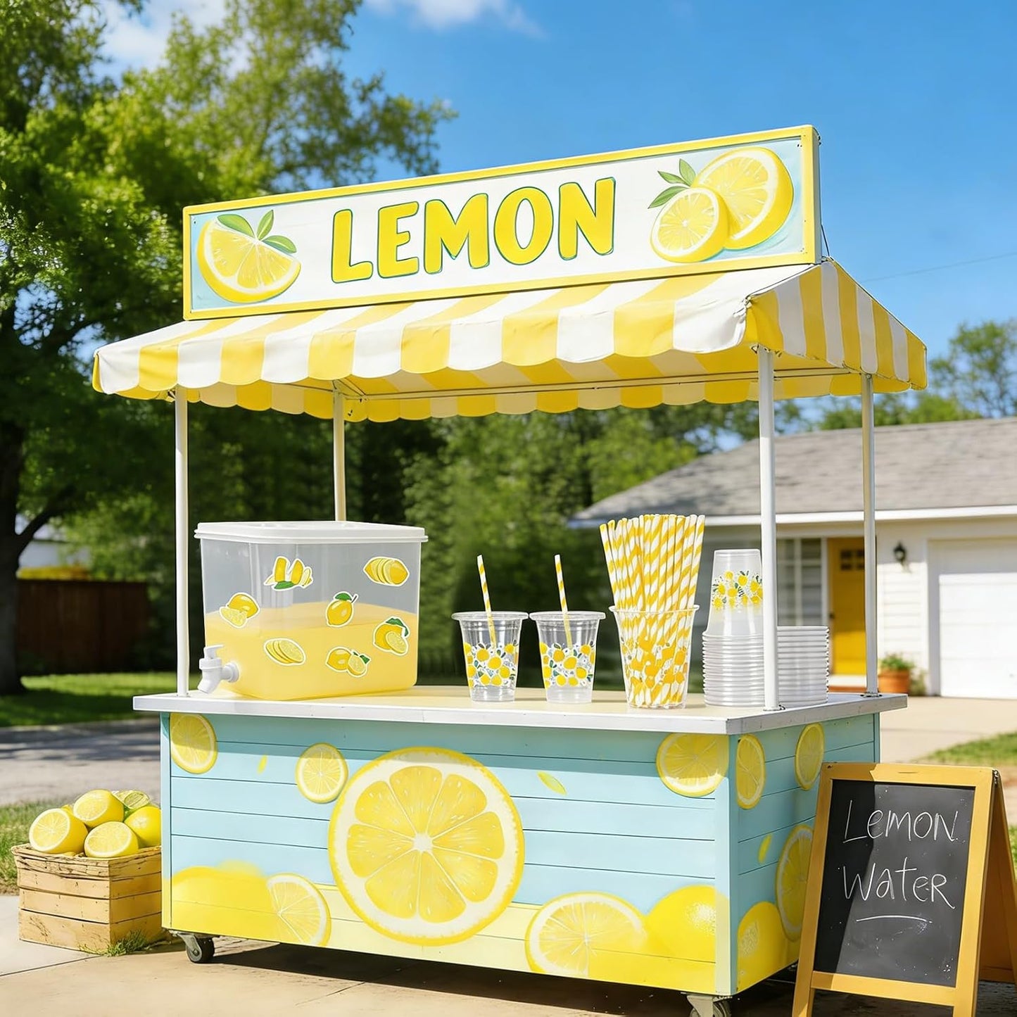 JarThenaAMCS Lemonade Stand Supplies Kits 8.8L Plastic Drink Dispenser with Spigot 50 Sets 12 Oz Disposable Cups with Lids Straws for Water Tea Beverages Juice
