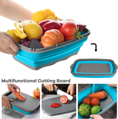 Gintan Collapsible Camping Cutting Board, 9-in-1 Chopping Board with Colander, Kitchen Vegetable Washing Basket for Camping, Camping Gifts Camping Accessories for RV Campers (Blue+Grey)