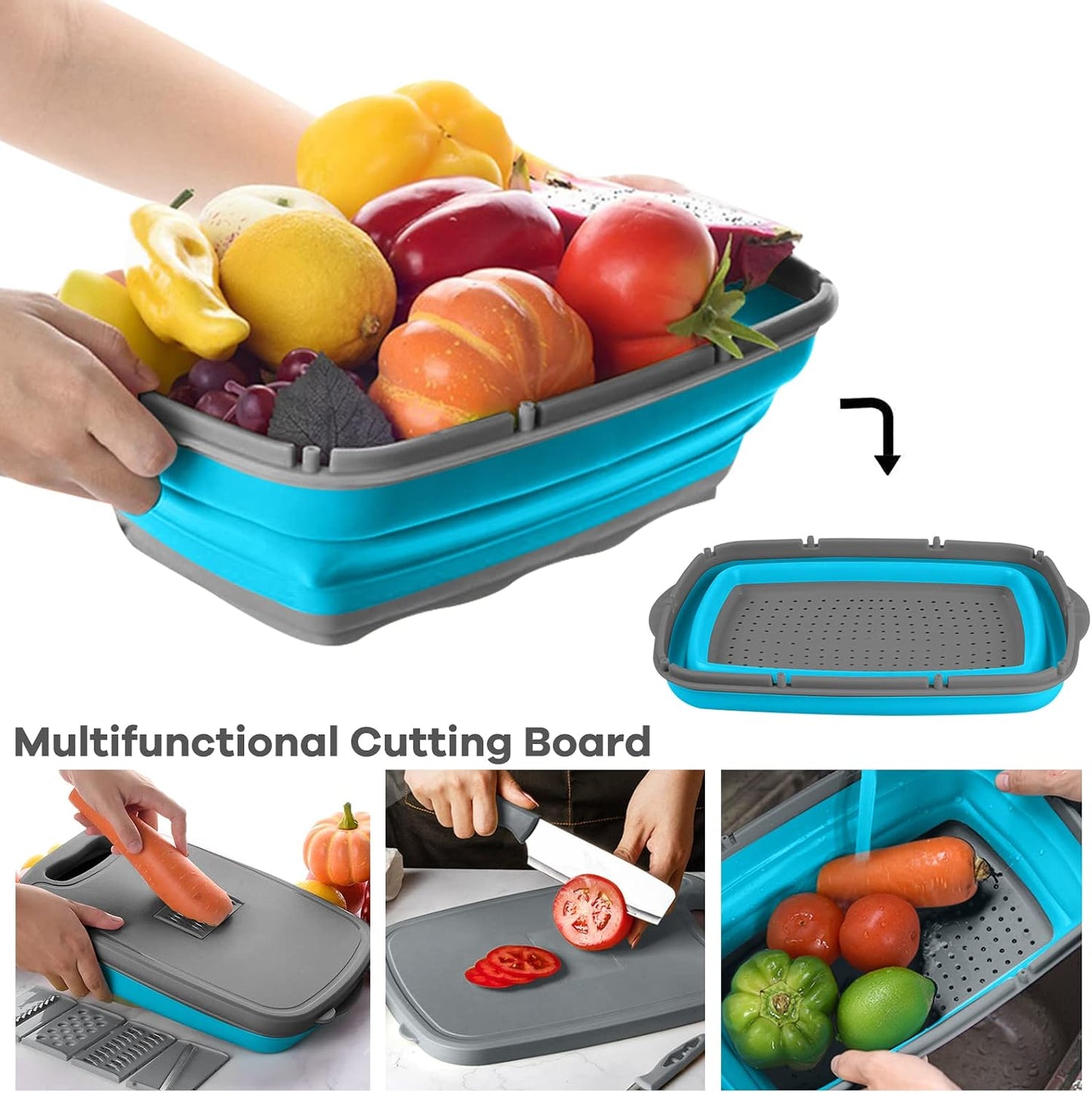 9-in-1Collapsible Cutting Board with Colander Wash Basket Camping RV Gift