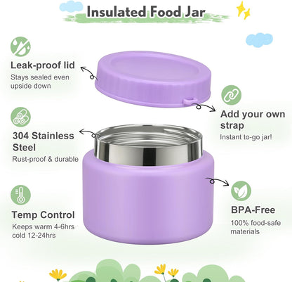 Lunch Box Kids with 5 Compartments, Insulated Food Jar & Utensils, Leak Proof Bento Box with Sauce Container, BPA-Free & Dishwasher Safe, Dinosaur Design(Purple)