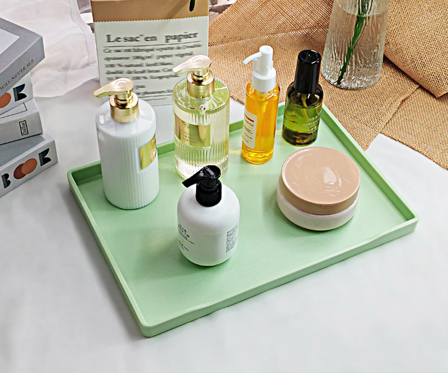 White Serving Tray (13.5 x 9.6 inch) for Serving Accessory, Elegant & Stackable Plastic Tray for Spa, Coffee, Drinks, Tea, Bar, Party, Seasoning, Perfume and Display Use.