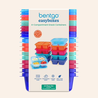 Bentgo Easyboxes 4-Compartment Snack Containers - 20-Piece Set with 10 Trays & 10 Custom-Fit Lids to Seal in Freshness - Reusable Food Storage & Meal Prep Bento BPA-Free Containers (Classic)