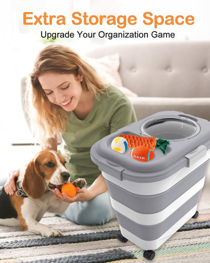 25-28Lbs Dog Food Storage Container Airtight,Collapsible Pet Food Storage | Dog Food Container with Handle,Wheels,Double Airtight Seal Fresh,Save Space,Pest/Mouse-proof,Small Cat Food Container,Scoop