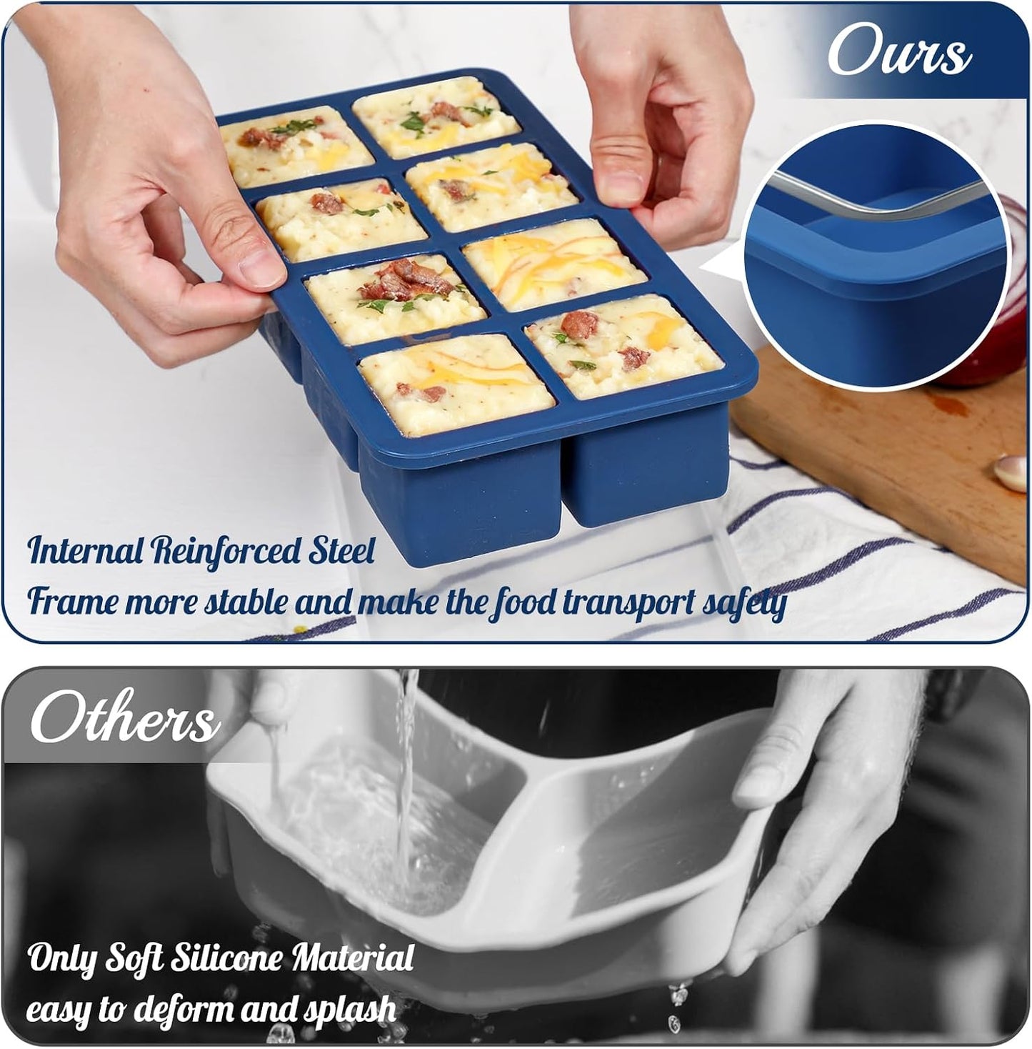Koluti 2-Pack Nonstick Silicone 3 Soup Freezer Mold, 1-Cup Large Sauce Ice Tray with Plastic Lid, Stackable Freezing Maker Meal Prep Food Storage Container, Dishwasher Safe & BPA Free