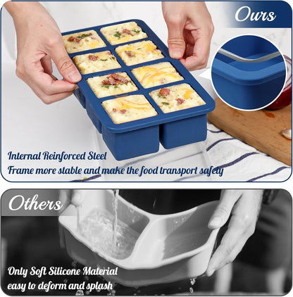 Koluti 2-Pack Nonstick Silicone 3 Soup Freezer Mold, 1-Cup Large Sauce Ice Tray with Plastic Lid, Stackable Freezing Maker Meal Prep Food Storage Container, Dishwasher Safe & BPA Free