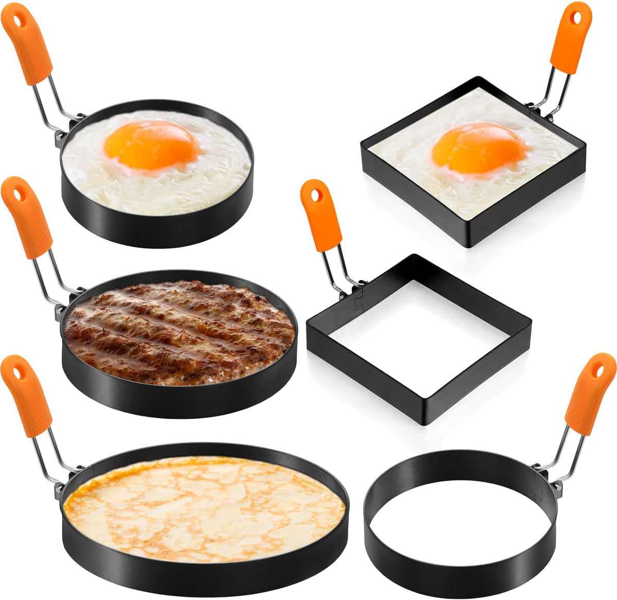 Patelai 6 Pcs Egg Rings Griddle Pancake Molds, Round Style, 4, 6, 8 Inch
