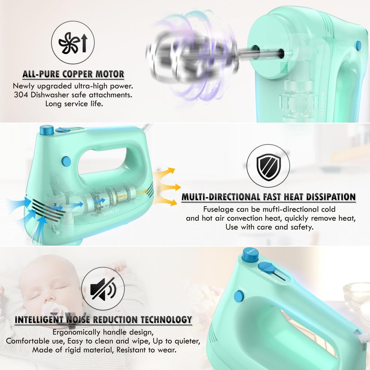 GUALIU Electric Hand Mixer, 304*(2* Beaters, 2* Dough Hooks), (1* Storage Bag) Handheld Mixer for Baking Cakes, Eggs, Cream Food Mixers, Turbo Boost /5 Speed Kitchen Blender PINK