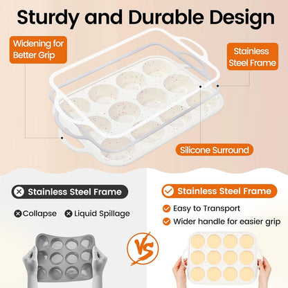 Silicone Muffin Pans With Metal Reinforced Frame - 24 Cups Durable Silicone Baking Pan for Muffins, Cupcakes, BPA Free and Dishwasher Safe - Beige with Rainbow Spots, Set of 2