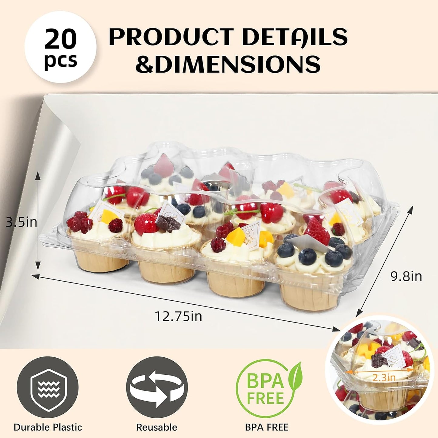 WIKDAY 12 Count x 12 Sets Plastic Cupcake Containers, Durable and BPA-Free Cupcake Holder with Lid for Easy Transport Storage, Stackable Clear Cupcake Carriers, Reusable Dessert Boxes