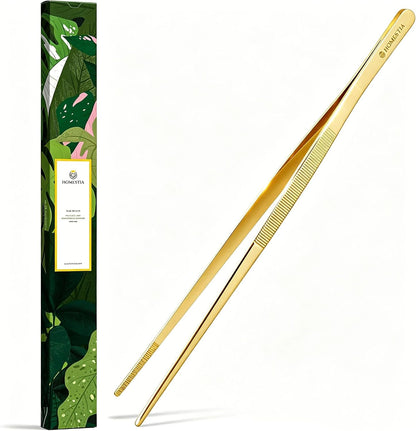 Homestia 12" Kitchen Tweezers Fine Tweezer Tongs, Extra-Long 304 Stainless Steel Cooking Tweezers, Multi-function Metal Tongs with Precision Serrated Tips for Chef, Cocktail, Serving Food, BBQ Gold